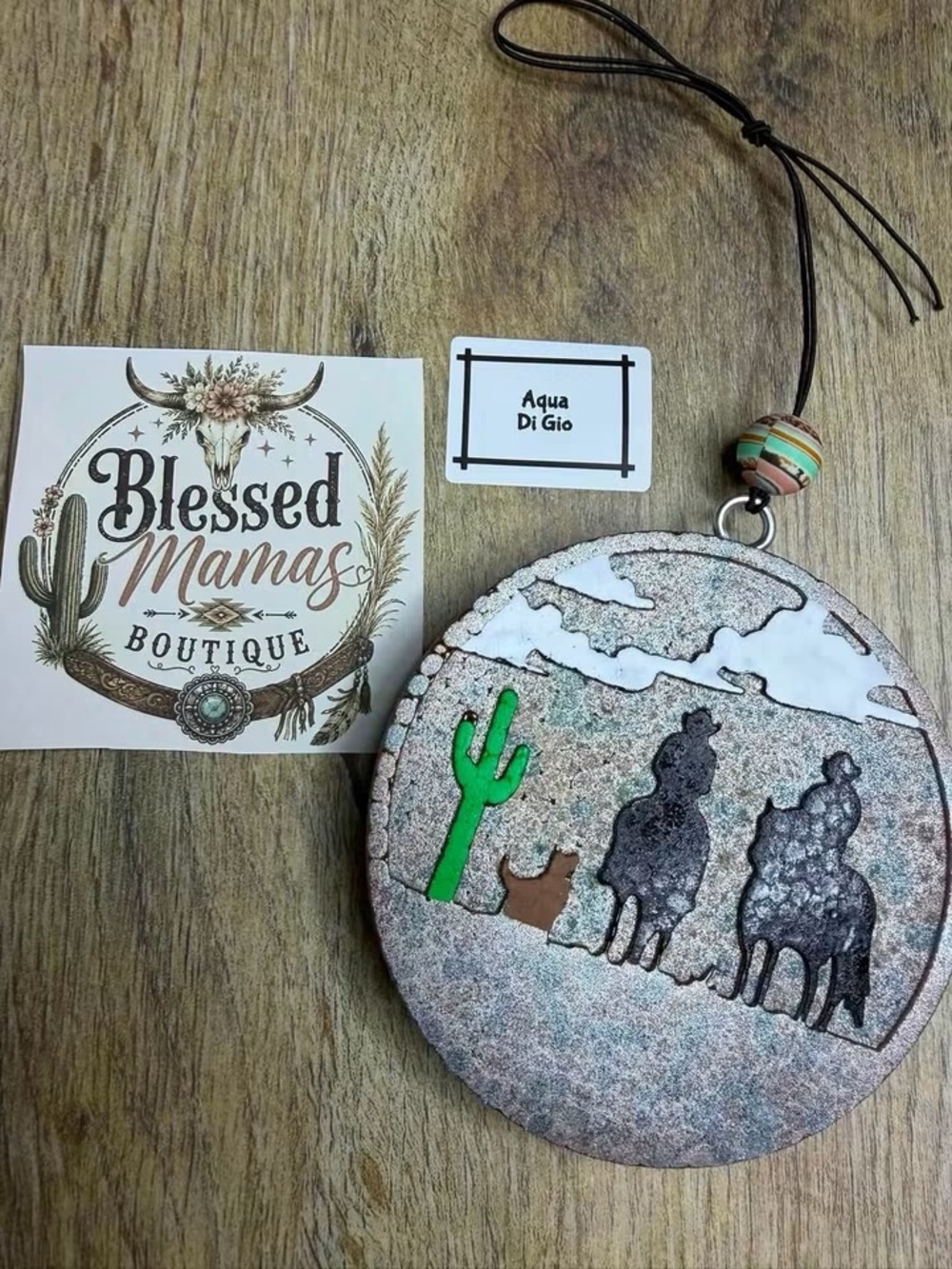 Desert Cowboy Round Car Freshie with Green Cactus
